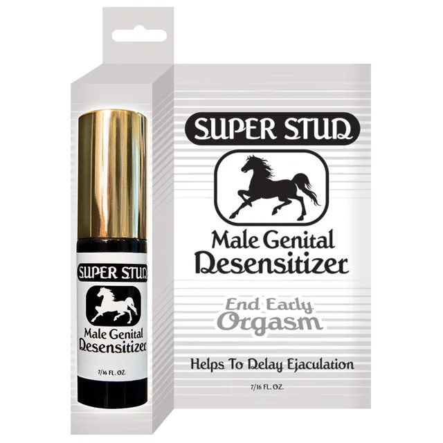 Super Stud black-and-gold spray bottle beside white retail carton