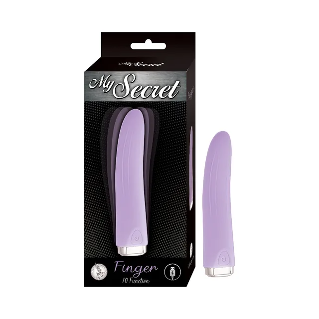 purple Nasstoys My Secret Finger vibrator with silver base beside black retail box