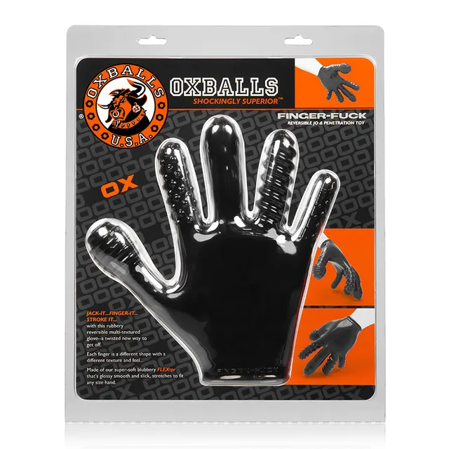 OxBalls Finger Fuck Black Textured Glove in package