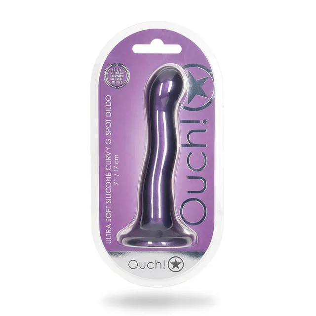 Shots Ouch metallic purple 7 inch curved silicone dildo front clamshell retail package