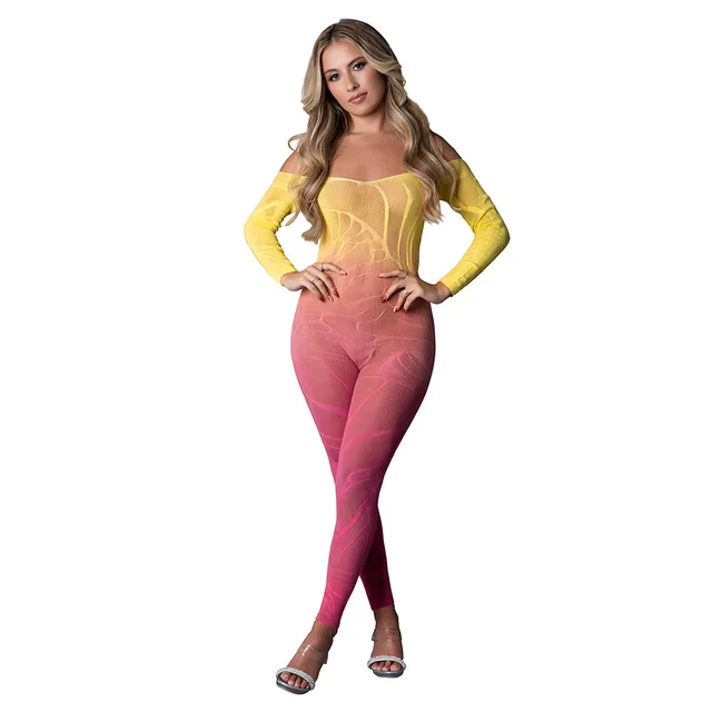 Model wearing yellow-to-pink ombre Magic Silk long-sleeve bodystocking