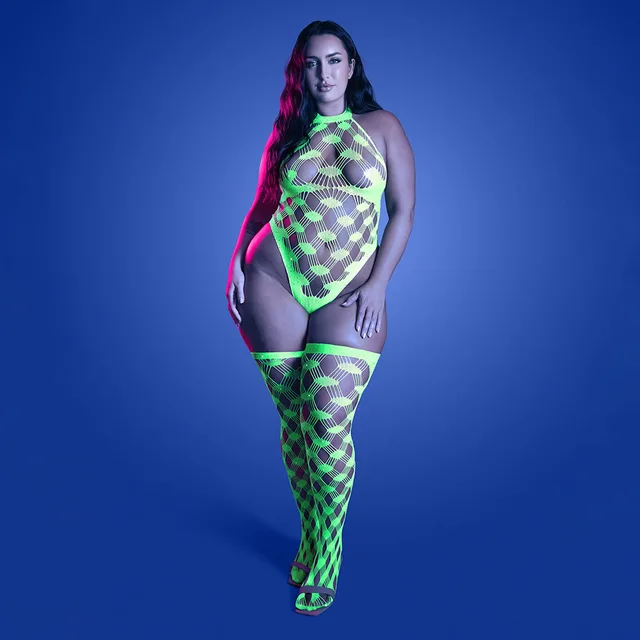 Fantasy Lingerie Glow Adrenaline Halter Teddy & Stockings in Rhinestone Fishnet Queen Size