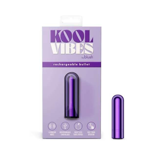 grape purple Kool Vibes rechargeable mini bullet beside lavender retail card