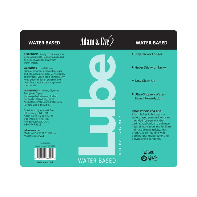 Adam & Eve clear water-based lubricant 8 fl oz flattened turquoise front and rear label artwork