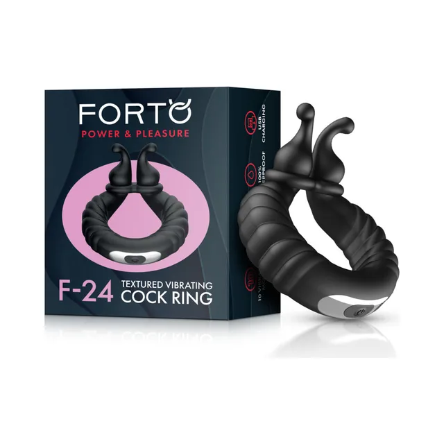 Black Forto F-24 textured vibrating ring beside retail box
