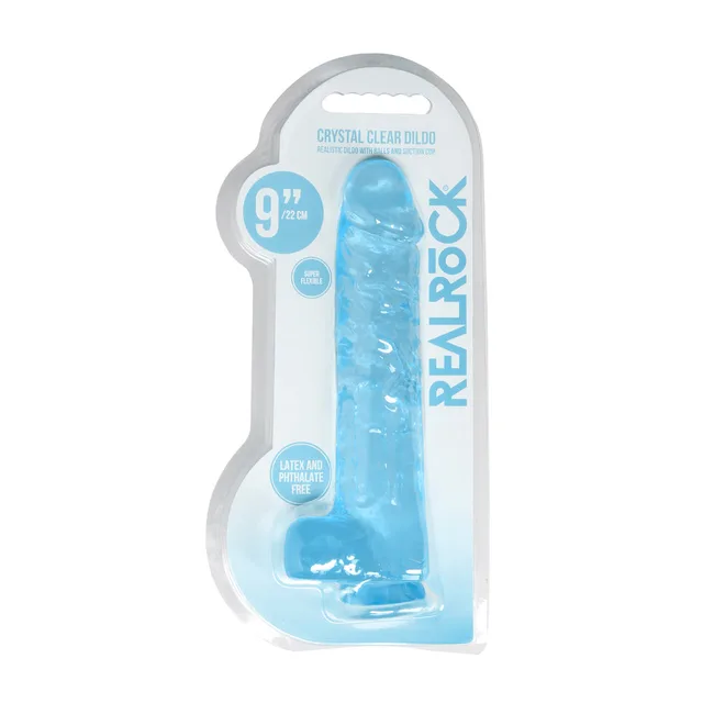 Blue RealRock Crystal Clear 9-inch dildo in retail pack