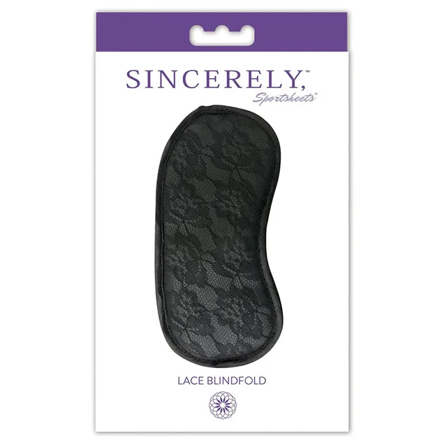 Sportsheets Sincerely black lace blindfold inside white-and-purple retail card