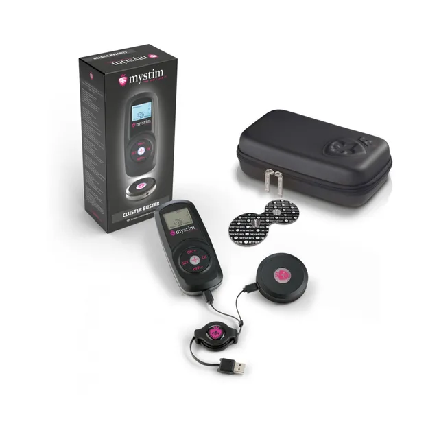Mystim Cluster Buster e-stim starter kit with controller, receiver, pads and black zip case