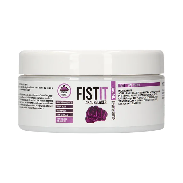 Front of 300 ml Fist It Anal Relaxer jar with purple label