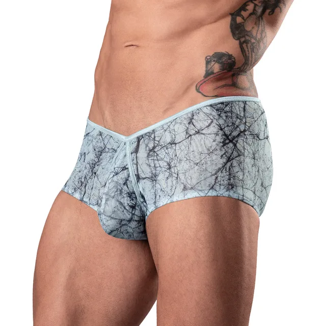 Male Power XL silver-blue marble mesh micro mini short side view worn by model