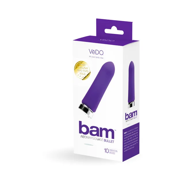 VeDO Bam Indigo Bullet Vibrator white purple retail carton three-quarter front