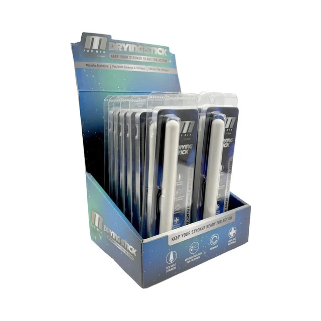 M for Men white drying stick counter display three-quarter view of the blue display carton