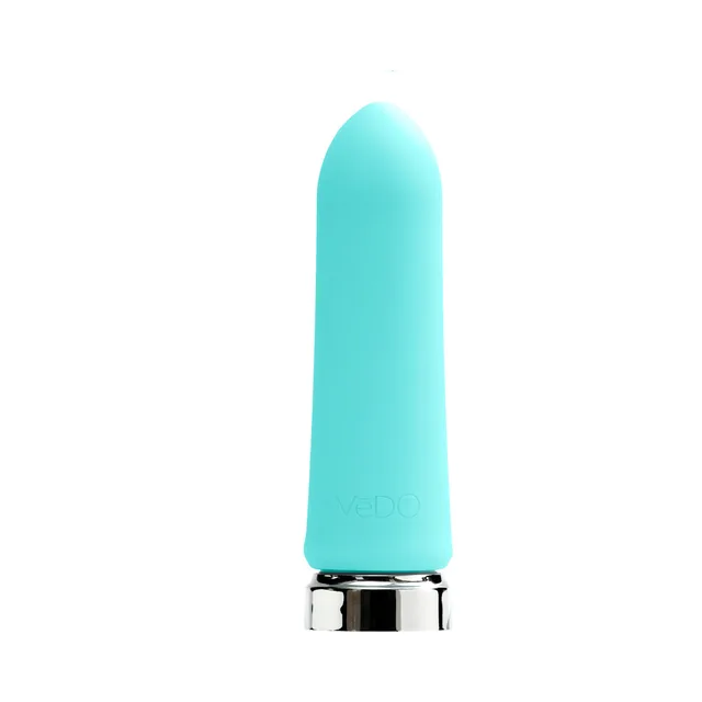 VeDO Bam Turquoise Bullet Vibrator upright front view with rounded tip