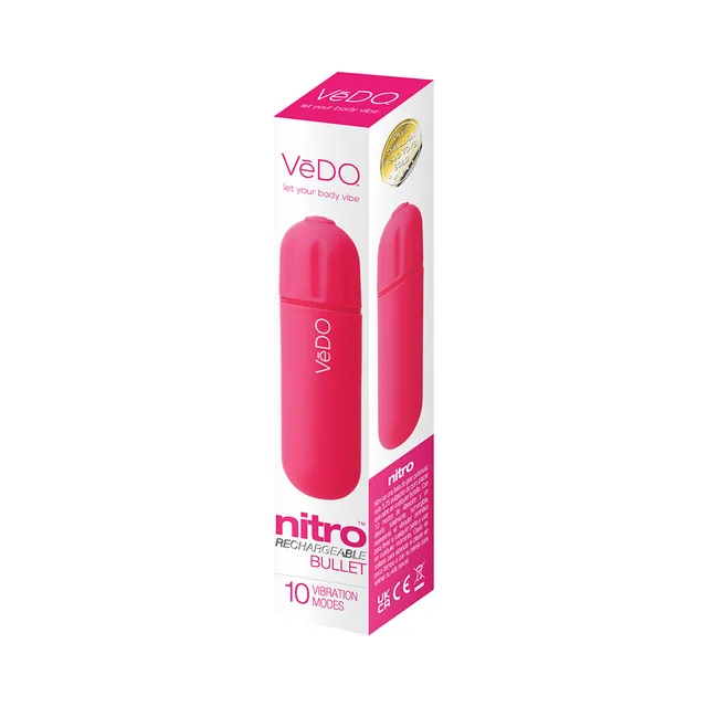 VeDO Nitro pink rechargeable bullet vibrator in white carton