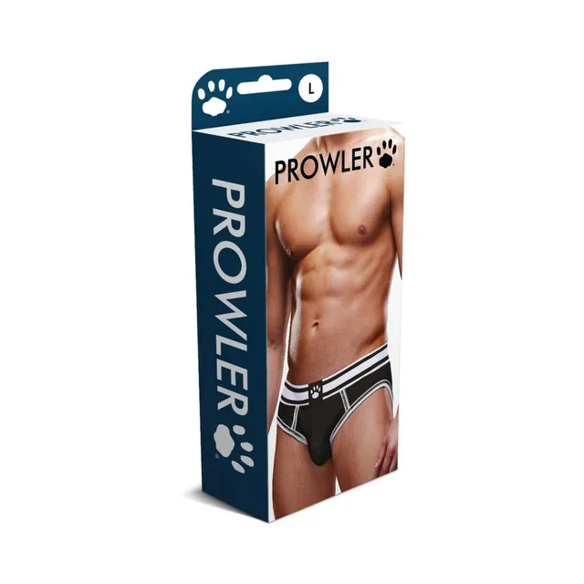 Prowler black-base open brief with white piping size L retail box