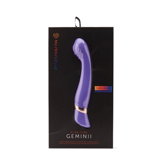 purple Nu Sensuelle Geminii XLR8 vibrator displayed in black window box
