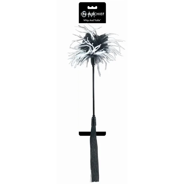 Sex and Mischief Black Whip and Tickle packaged dual-ended feather tickler