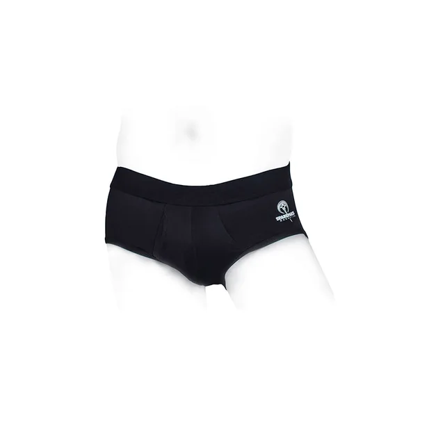 SpareParts Pete brief black size XL front three-quarter view of nylon brief