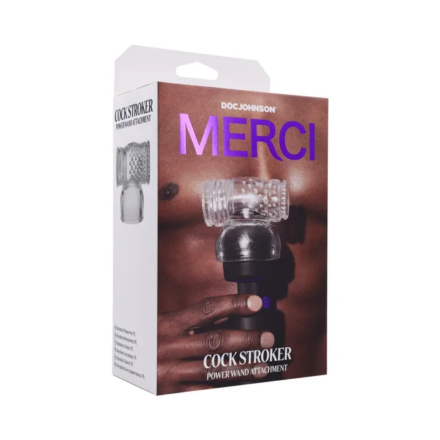 clear double-ended Merci Cock Stroker attachment pictured on white retail box