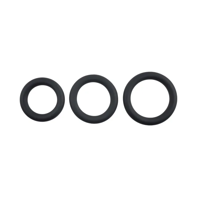 three black Selopa cock rings arranged separately by size