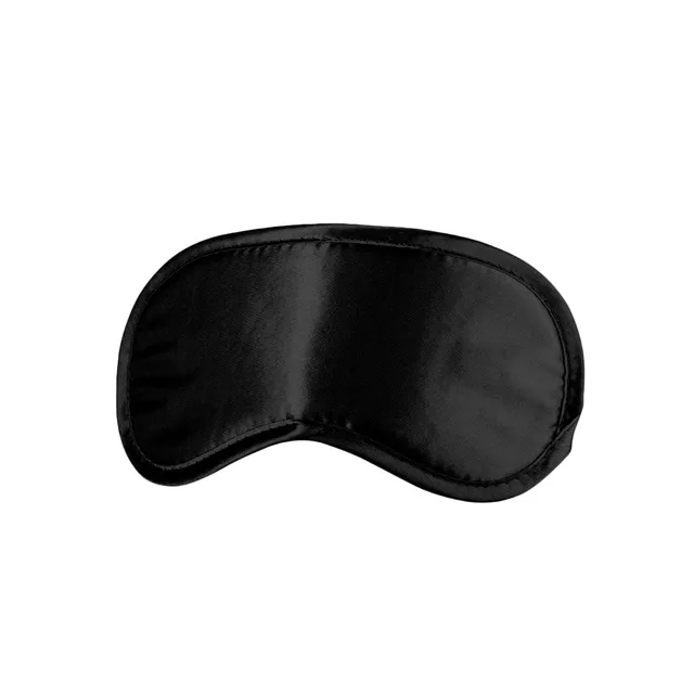 Front view of curved black satin eye mask with stitched edge