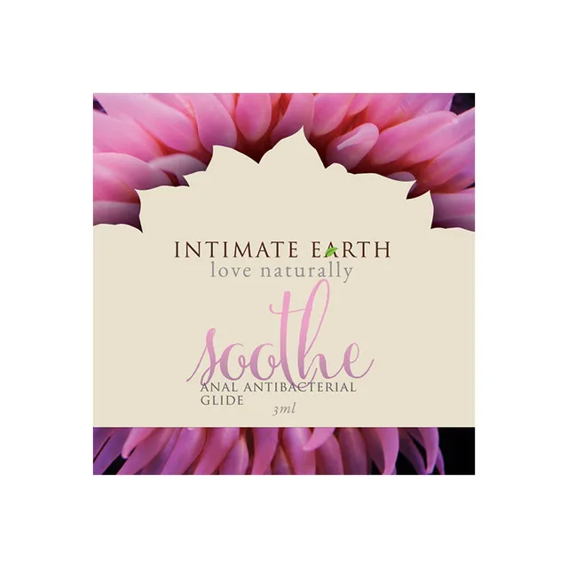 Intimate Earth Soothe 3 ml Foil Sample cream packet with layered pink floral border