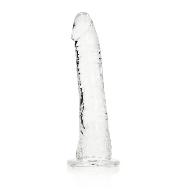 Side view of clear curved RealRock Slim 6-inch dildo