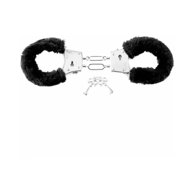 Black plush-lined metal cuffs with chain and two keys