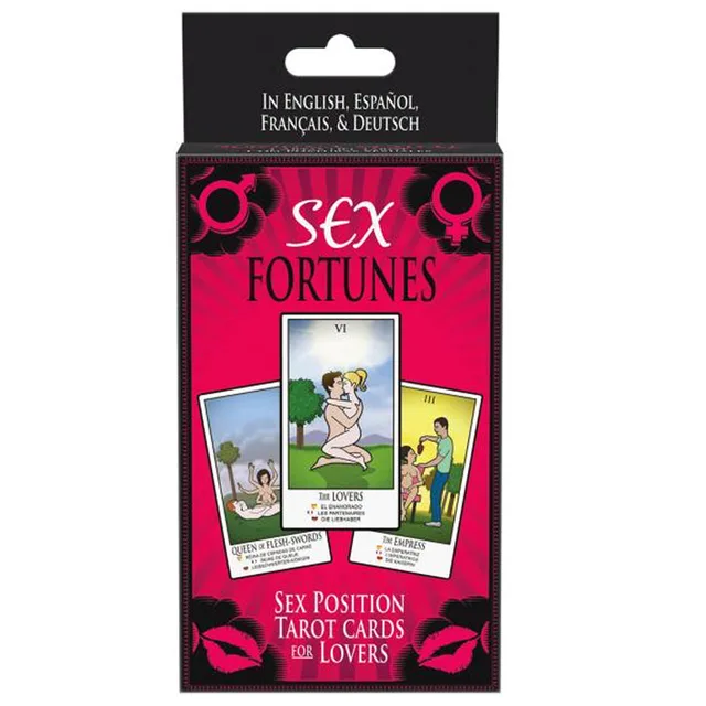 Kheper Games Sex Fortunes Card Deck red black box with three illustrated sample cards