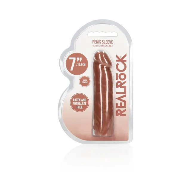 Tan RealRock seven-inch penis sleeve in clear retail pack