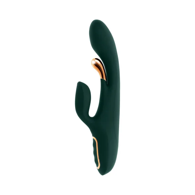 Evolved Golden Goddess deep green dual G-spot vibrator front-left view of the curved shaft, side arm and gold accent