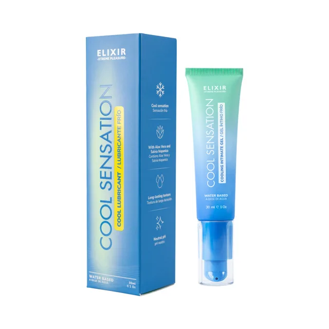 Elixir Cool Sensation Intimate Gel 0.5 oz 12-pack tube beside matching blue retail carton