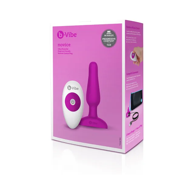 b-Vibe Novice Fuchsia Silicone Plug front retail carton with white remote