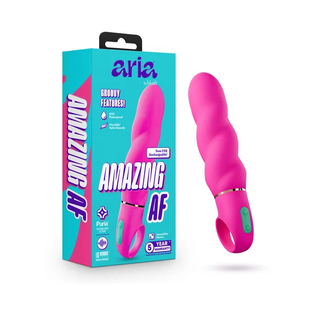Fuchsia Aria Amazing AF 2.0 vibrator beside colorful retail box