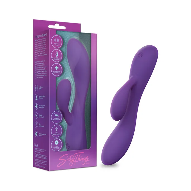 Purple Fever Dream rabbit vibrator beside retail box
