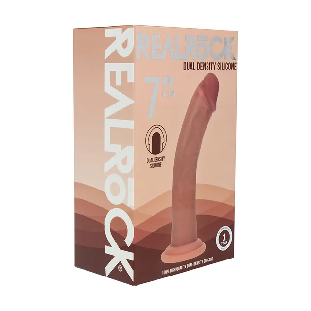 Shots Realrock 7-inch tan curved dual-density dildo displayed in its brown retail box
