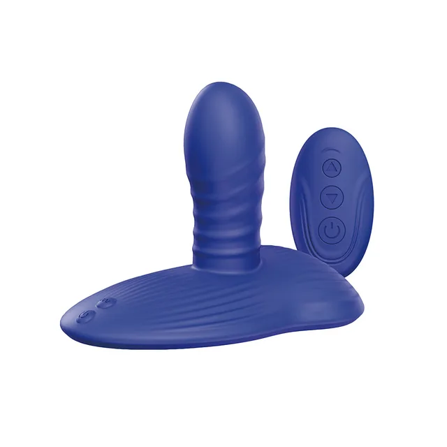 Blue Midnight Rider with vertical ribbed shaft, textured saddle and remote
