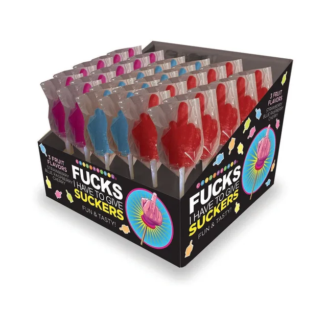 Last Fuck 30-piece display with wrapped red blue and pink lollipops