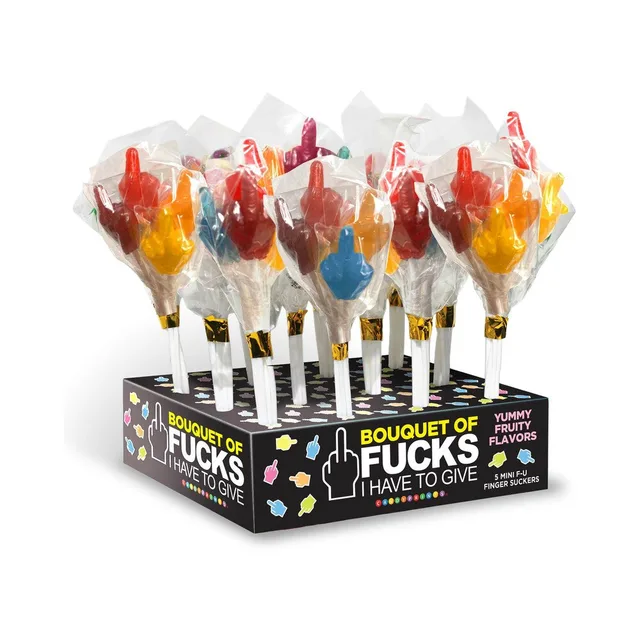 Last Fuck candy bouquet with red blue and yellow lollipops