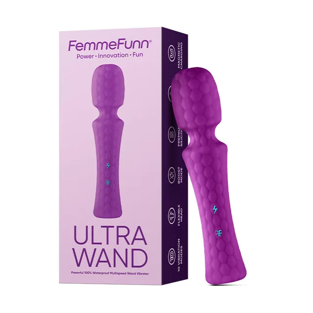 FemmeFunn Ultra Wand purple vibrator beside lavender retail box