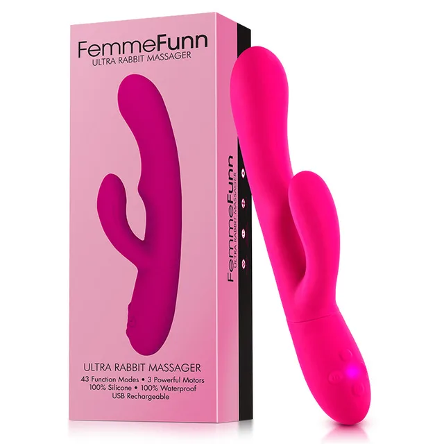 FemmeFunn Ultra Rabbit hot pink dual-arm vibrator beside retail box
