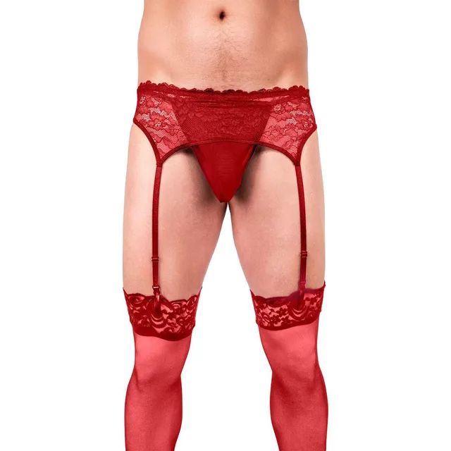 Front view of 2XL Prowler red lace garter set