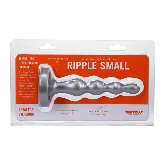 Tantus Ripple Small silver 8 inch silicone bead dildo front retail clamshell package