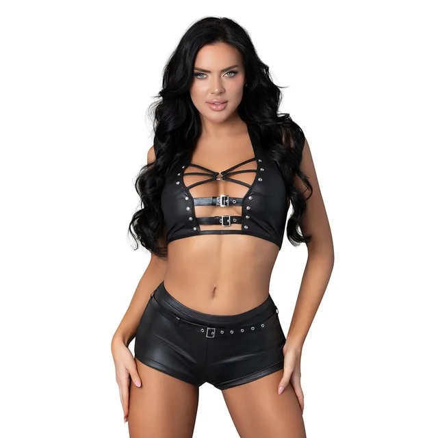 Lust Fetish Thalia L/XL black cutout halter top and short set front view