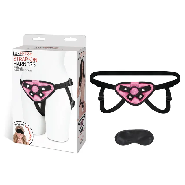 Lux Fetish Pink Strap-On Harness harness blindfold and retail box
