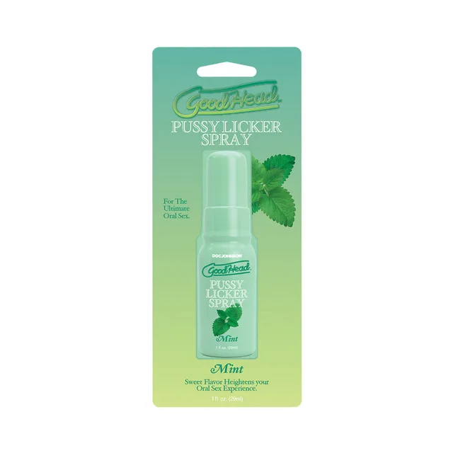 GoodHead Mint Pussy Licker Spray 1 oz green pump bottle on mint-leaf card