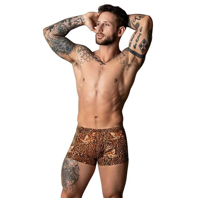 Male model wearing animal-print Ultimate Duo pouch short size XL