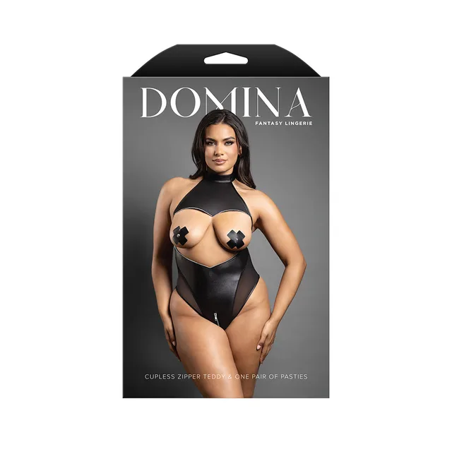 Domina package showing black cupless high-neck zipper teddy with pasties in Queen size