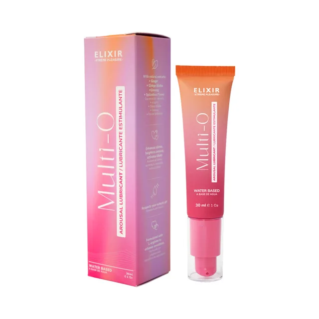 Elixir Multi O Intimate Gel 0.5 oz 12-pack tube beside gradient retail carton