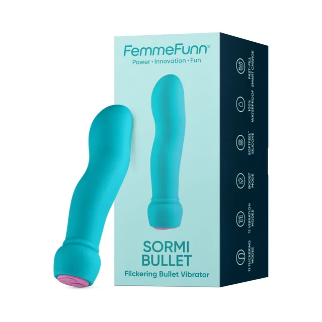 Turquoise FemmeFunn Sormi bullet displayed beside its teal retail box